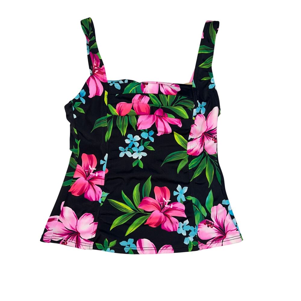 Caribbean Joe Womens Tropical Floral Tankini Swim Top Black‎ Pink Size 8